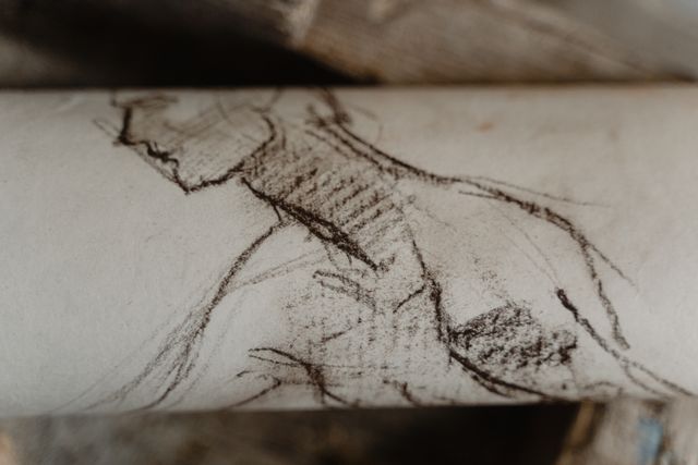 Gros plan sur un croquis au crayon, détail du trait artisanal