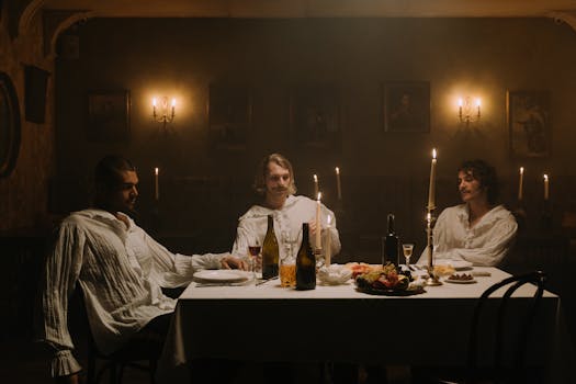 Three men in retro costumes enjoy a candlelit dinner in a historic setting.