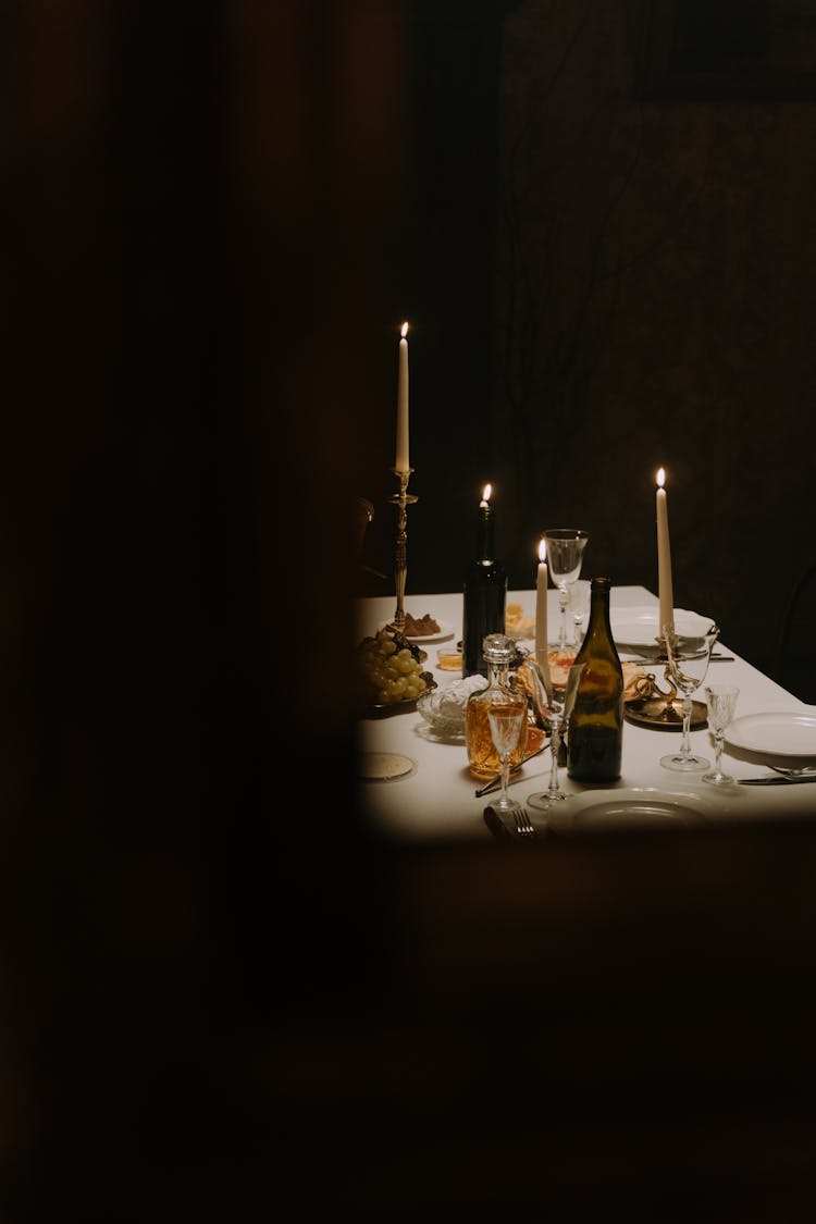 Table With Food, Wine And Cutlery