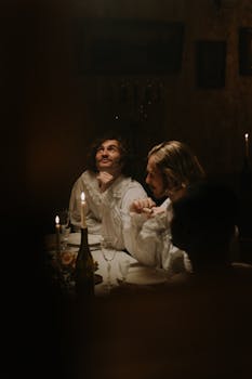 A vintage-style aristocratic dinner gathering with men in period outfits, set by candlelight.