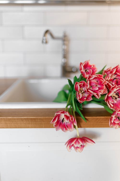 Red Flowers on White Ceramic Sink