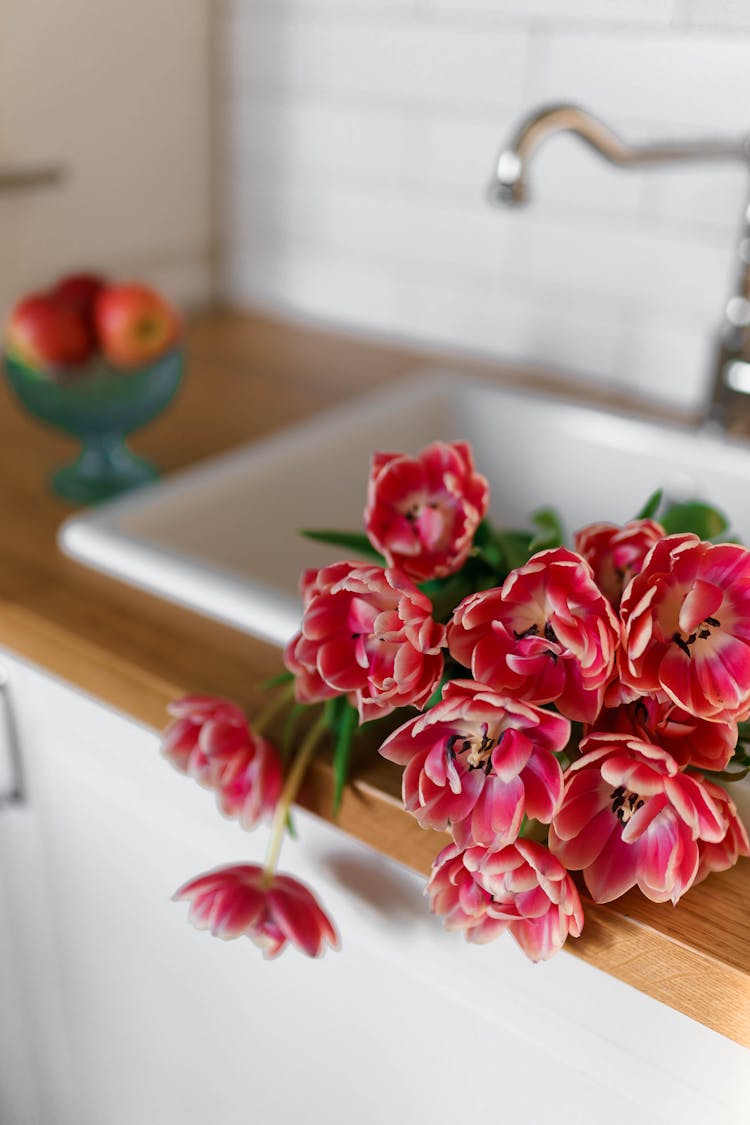 Red Tulip Bouquet Lying On Kitchen Counter