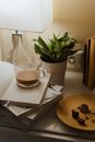 Cup of Coffee on Books Beside a Lamp and Potted Plant on Side Table