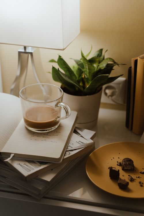 Free Warm still life with coffee, books, and a potted plant on a side table, perfect for cozy indoor mornings. Stock Photo