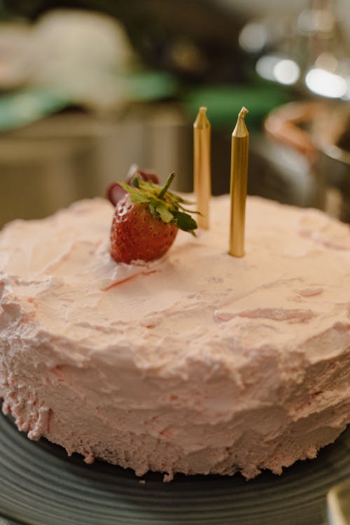Pink Birthday Cake with Fresh Strawberry 