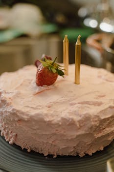 Close-up of a strawberry-topped cake with candles, perfect for birthday celebrations.