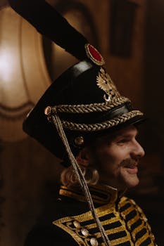 A smiling male actor in detailed historical military uniform with an ornate helmet.