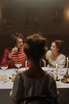 Elegant Victorian-era dining scene with people in period costumes and candle-lit table.