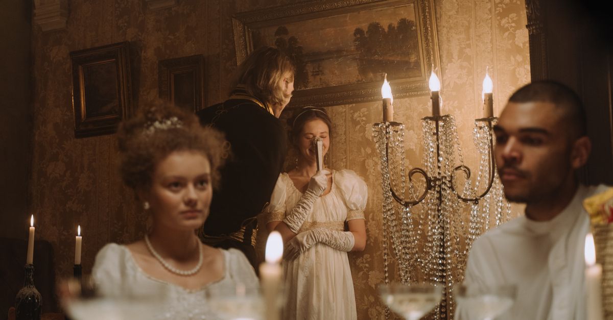 Bridgerton cast in elegant Regency-era ballroom, holding fans and teacups