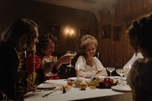A vintage dinner party with guests in period costumes enjoying a candlelit meal.