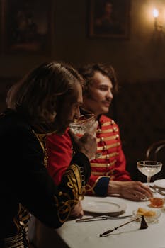 Men in historical costumes enjoying drinks at a candlelit dinner, exuding elegance.