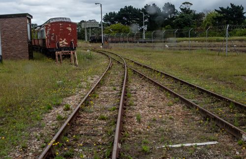 Free A scene of rusty railroad tracks leading through overgrown grass in a countryside setting. Stock Photo