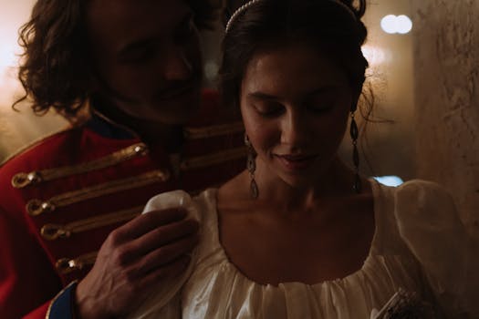 A couple dressed in vintage attire sharing an intimate moment indoors, low light.