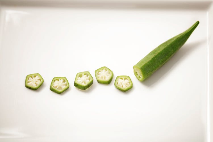 Chopped Natural Okra On Ceramic Plate