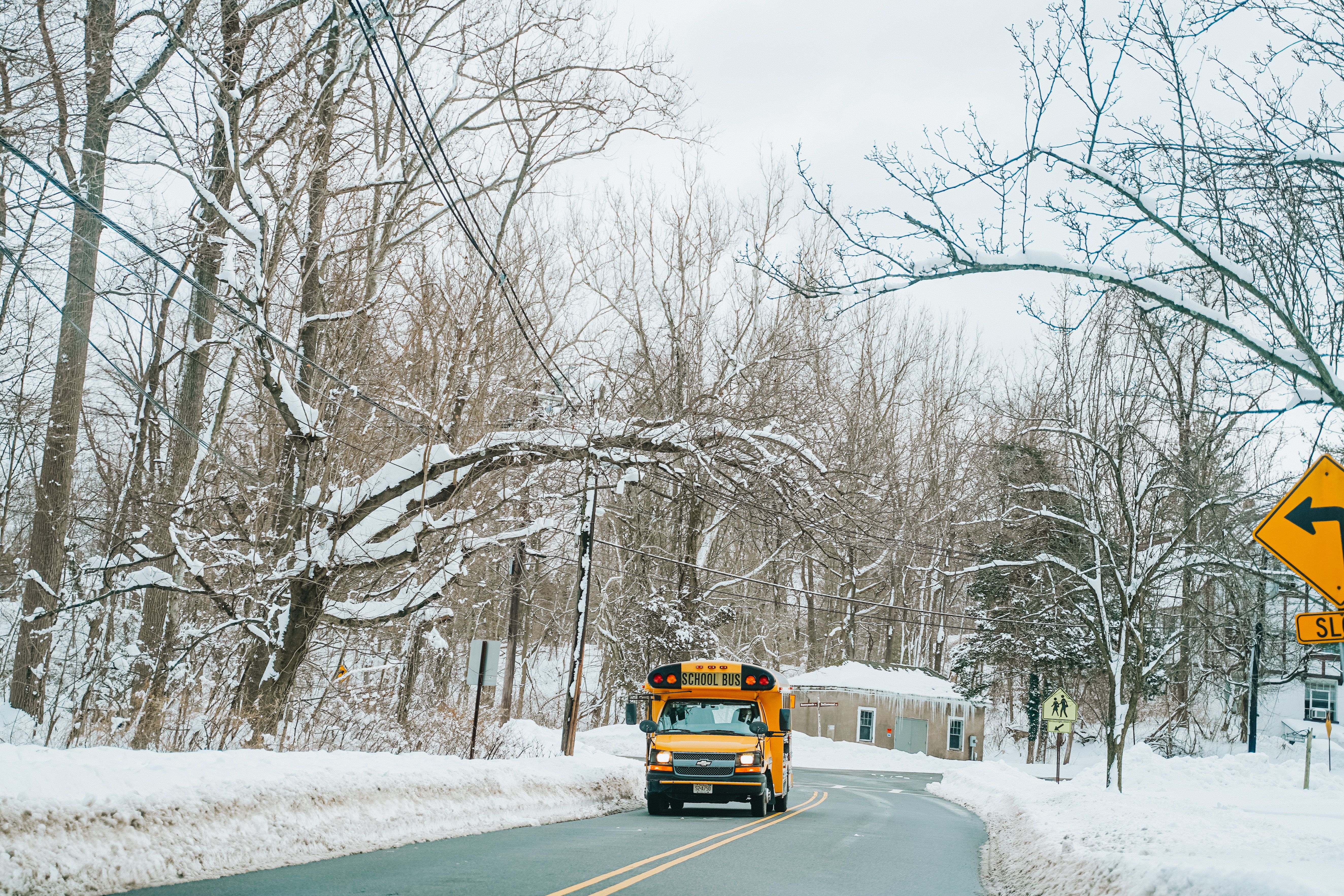 Yellow school bus navigating a snowy road between leafless trees