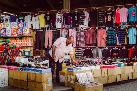 A vendor arranges shoes at a vibrant street market in Kuwait City, highlighting local commerce.