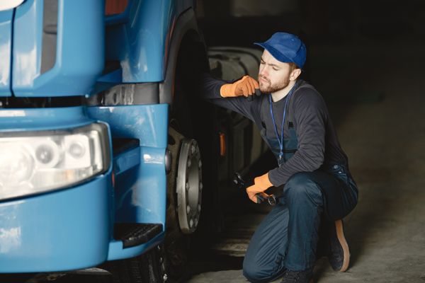 Technicus controleert wiel en remmen van vrachtwagen
