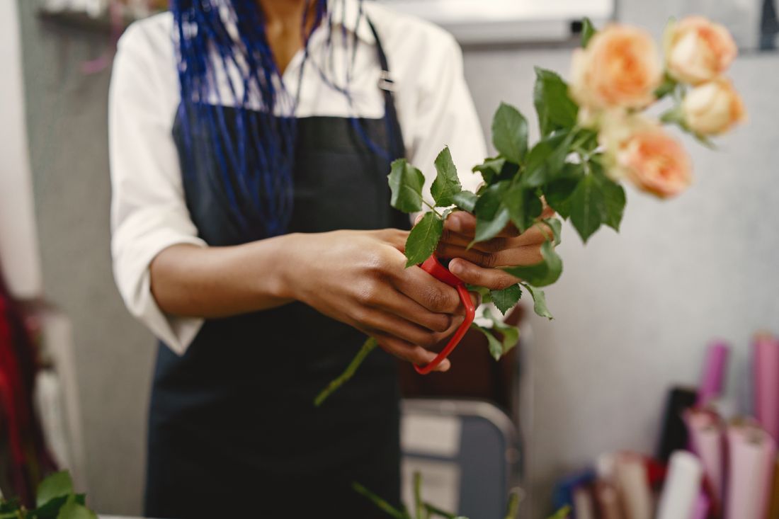 A florist in an apron trimming peach roses for a bouquet