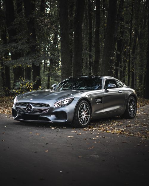 Free Luxurious Mercedes-Benz AMG GT parked in a serene forest setting. Stock Photo