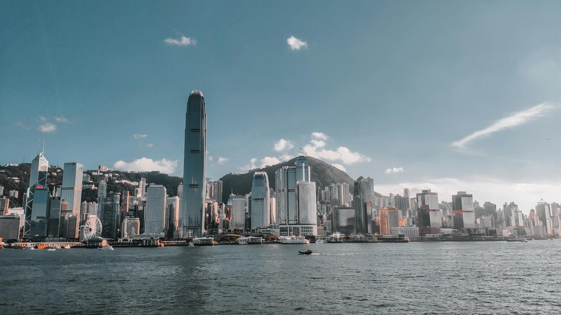 Beautiful view of Hong Kong skyline featuring the International Finance Centre and Victoria Harbor.