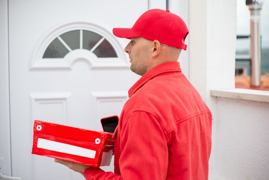 Side view of a courier in red uniform delivering a package at a door in Portugal.