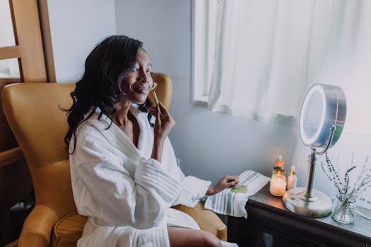 African American woman using a jade roller for facial massage in a cozy indoor setting.