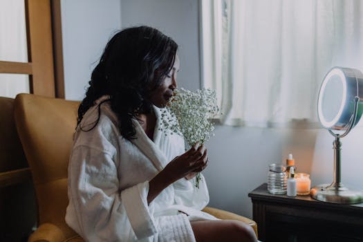 Woman in a white robe enjoying fragrant flowers in a serene indoor setting with candles.