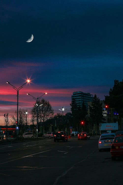 Roadway with vehicles near trees and buildings under colorful sky with moon in twilight in city district
