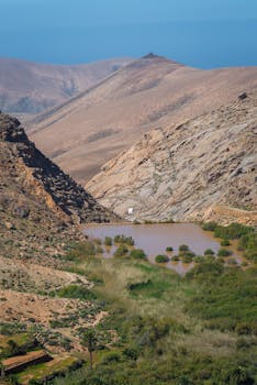 Stunning view of a rocky mountain landscape highlighting a tranquil valley oasis in Spain.