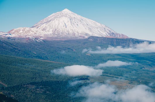 Stunning aerial shot of a snow-covered mountain peak surrounded by lush green forests and white clouds.