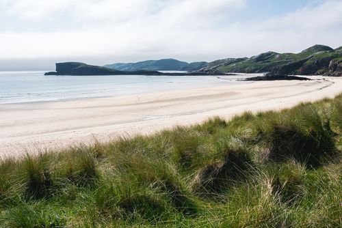 Free Quiet beach scene with sandy shore, grassy dunes, and distant hills under a clear sky. Stock Photo