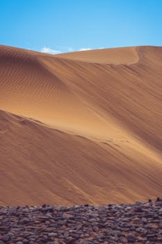 Breathtaking view of golden sand dunes with a clear blue sky overhead, capturing the serene beauty of a desert landscape.