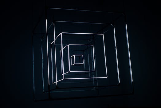 A modern art installation featuring illuminated LED cubes creating a mesmerizing geometric pattern.