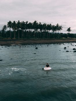 A surfer rides the waves near a palm-lined beach in Bali, capturing the essence of a tropical adventure.