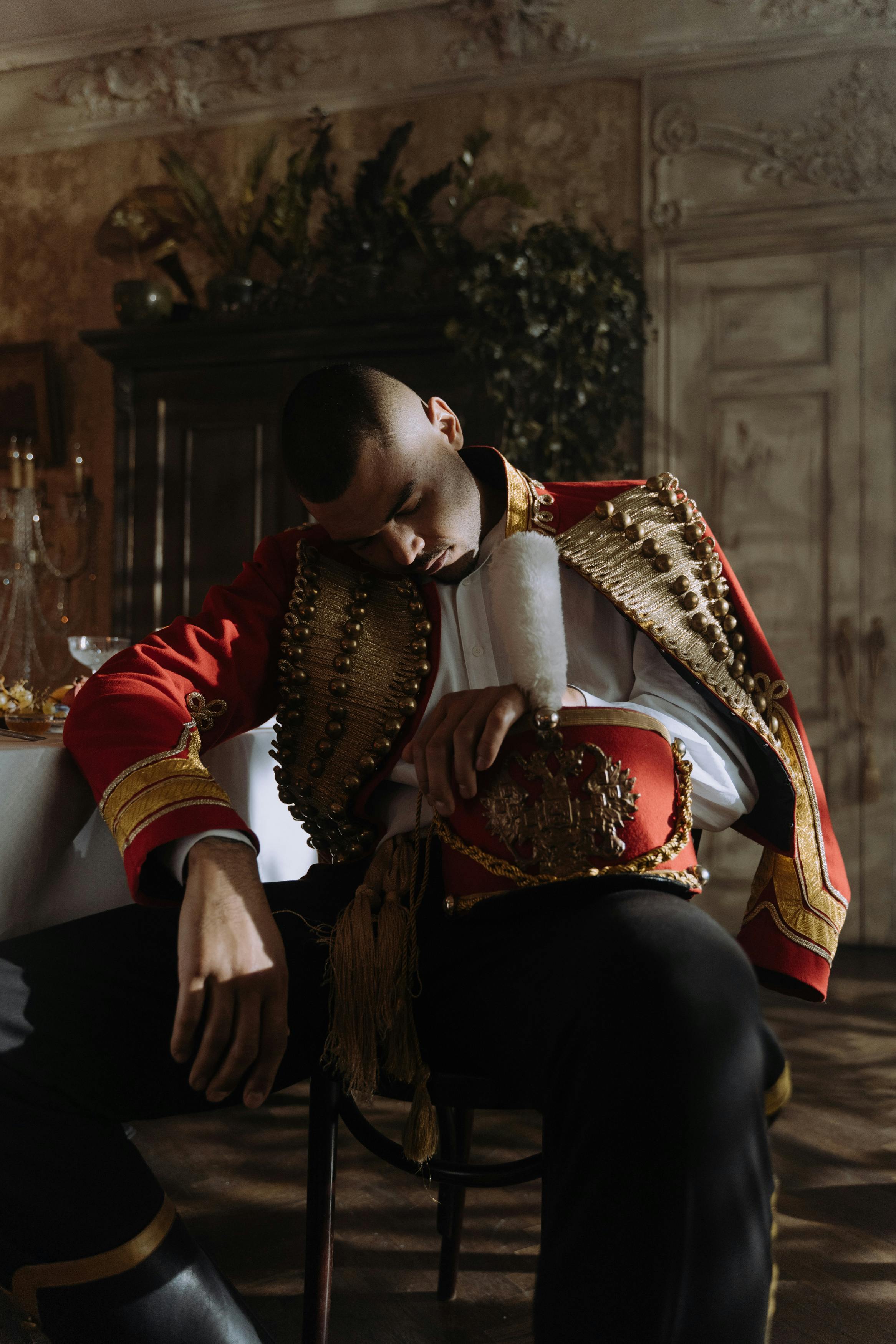 man sleeping on a banquet