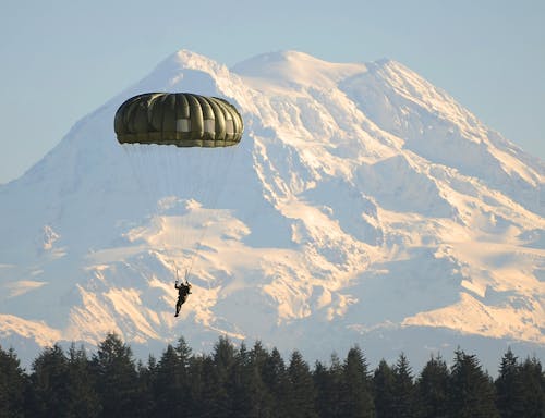 Free Man Flying on Parachute Near Green Trees Stock Photo