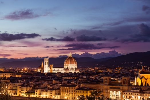 Stunning evening view of Florence's skyline featuring the illuminated Santa Maria del Fiore Cathedral and cityscape.