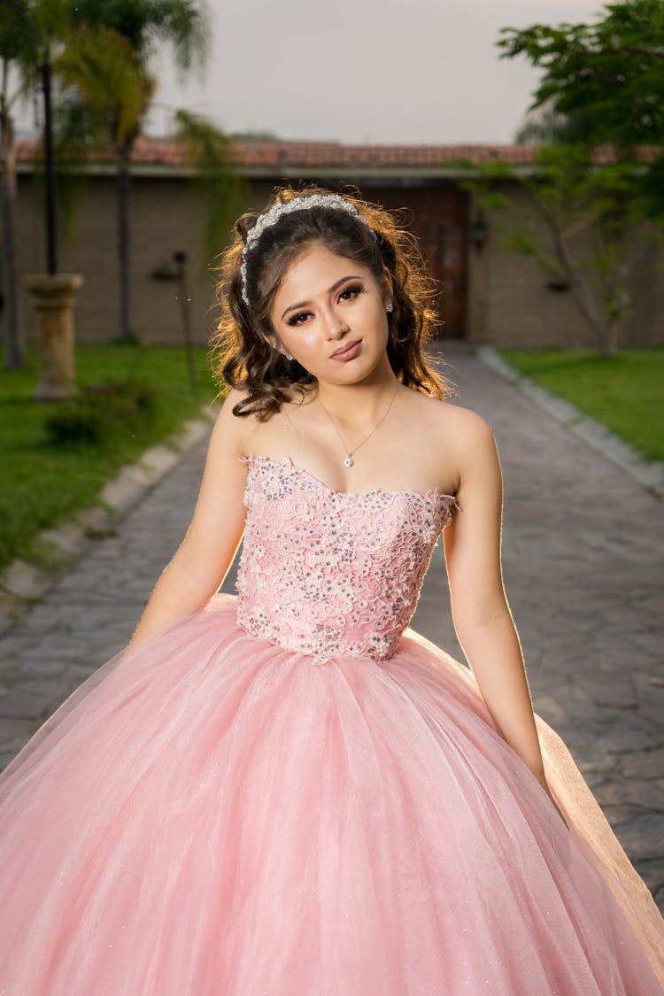 Woman In Pink Wedding Dress And Tiara