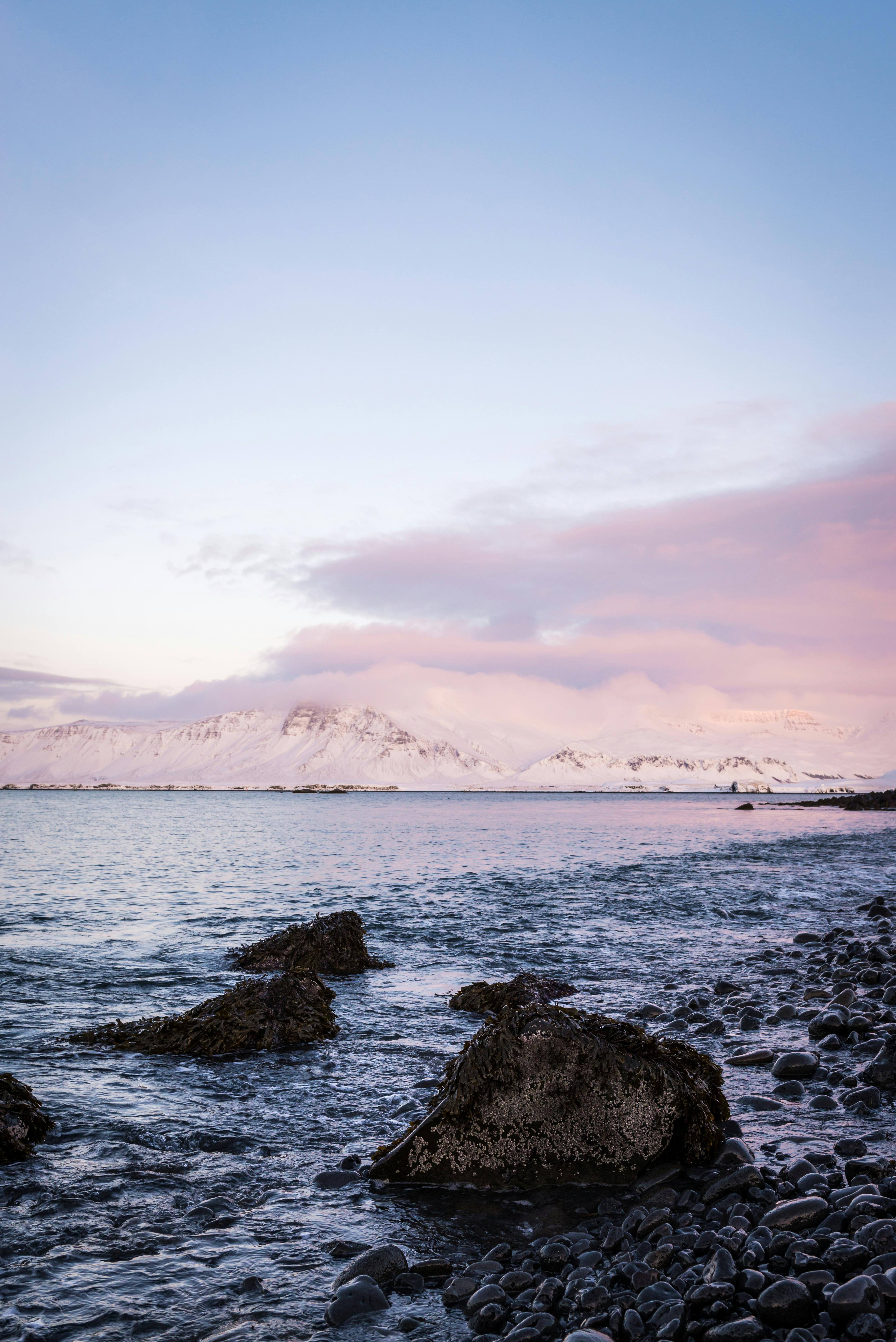 Beautiful snowy coastline with mountains at sunrise, capturing serene winter seascape.