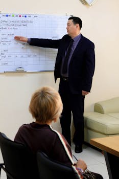 Man presenting statistical data on a whiteboard to a seated audience.