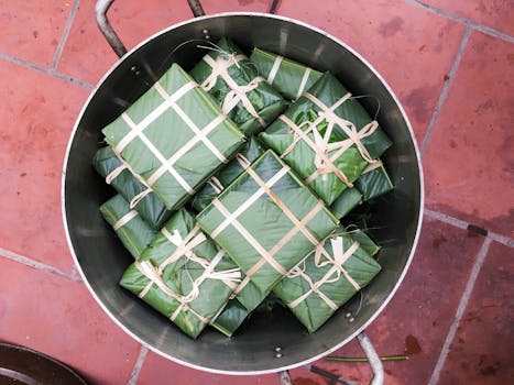 Top view of Bánh Chưng wrapped in banana leaves, a Vietnamese traditional dish.