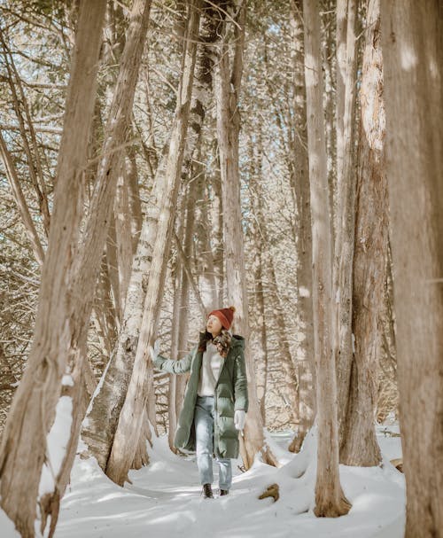 Smiling female walking on road among snowy forest · Free Stock Photo