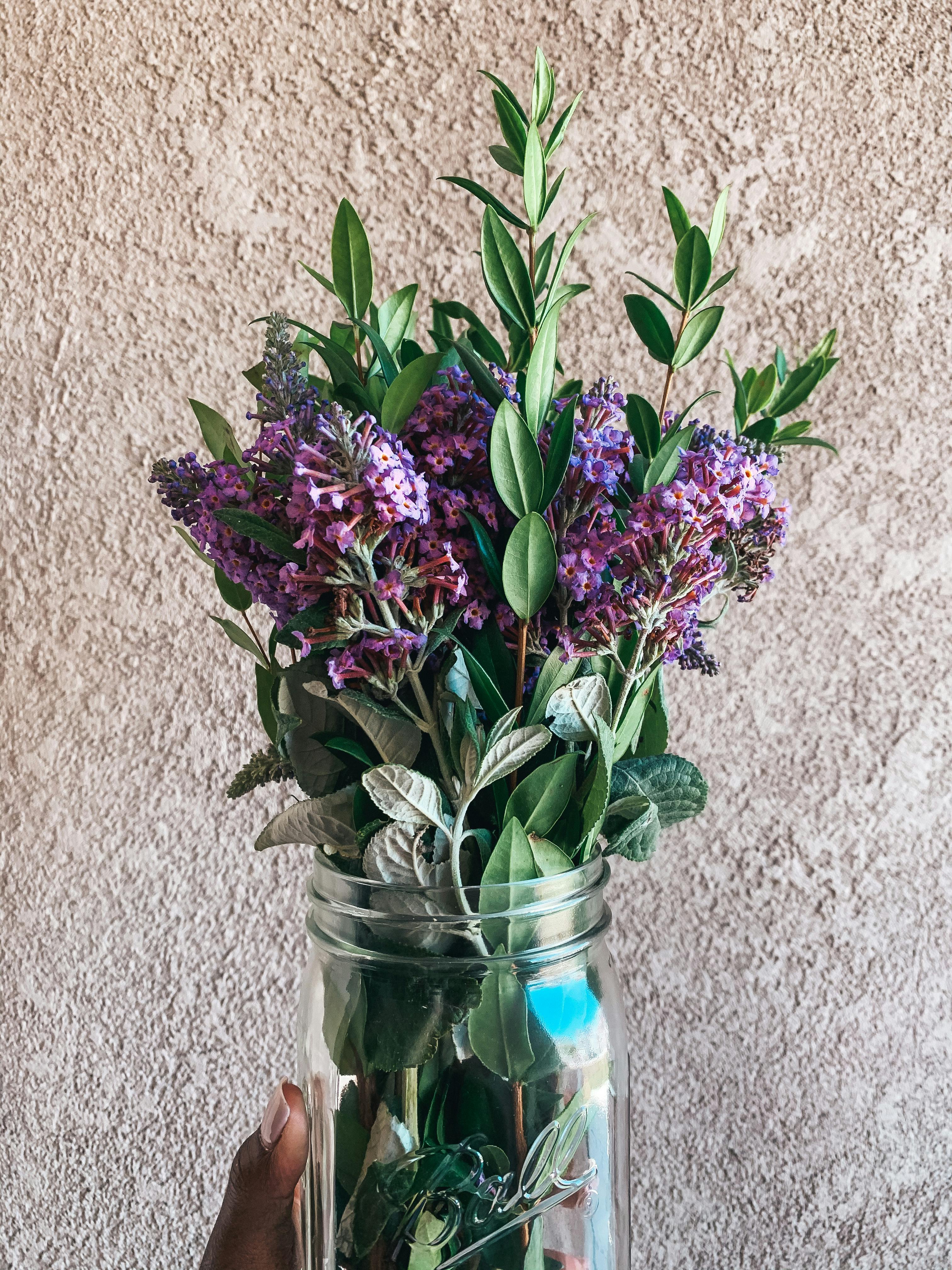 Purple flowers and lush green leaves arranged in a glass jar against a textured background.
