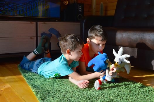 Smiling brothers playing with soft comic characters while lying on carpet in house room on sunny day