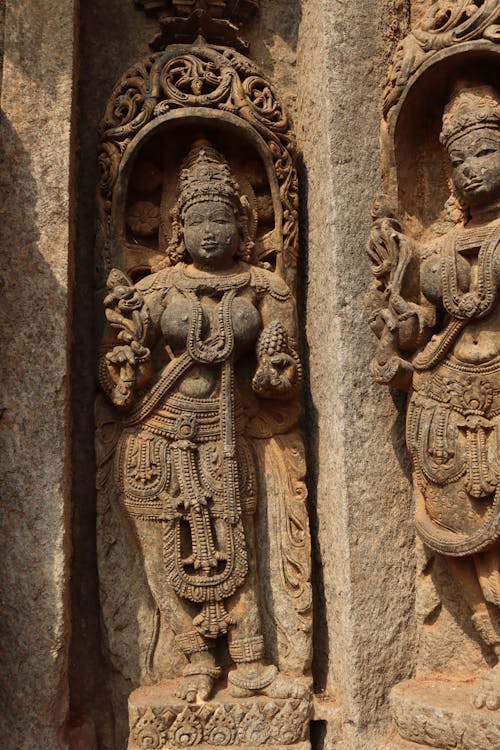 Close-up of Sculptures Carved in Stone Walls of the Hoysaleswara Temple