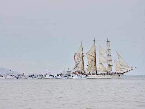 A Sailing Ship and Boats on Body of Water