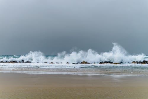 Sandy beach near foamy waves in stormy ocean with rocks under gray cloudless sky in gloomy day