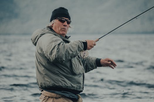 Elderly man engaged in fly fishing on a freshwater river, showcasing the art of angling.