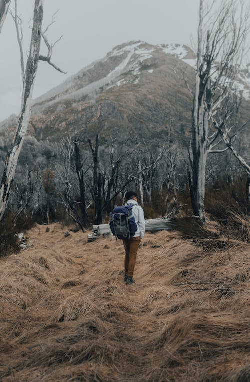 Backpacker standing on Dried Grass