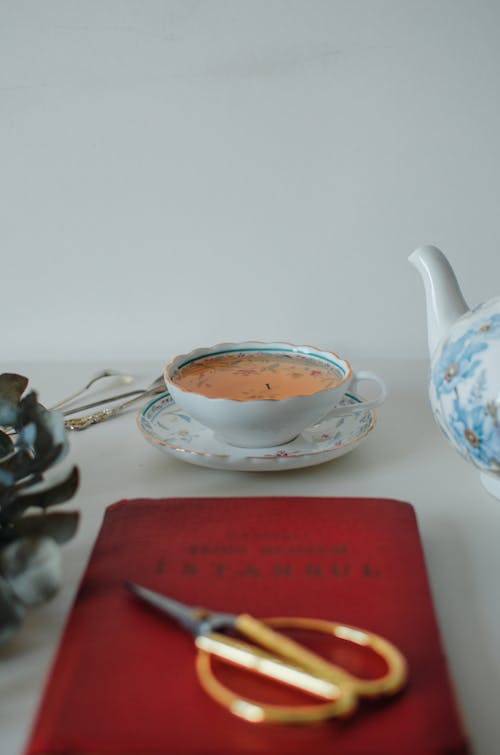 Table with tea cup with saucer near scissors on red book and tea pot near plant with green leaves in bright room on white background